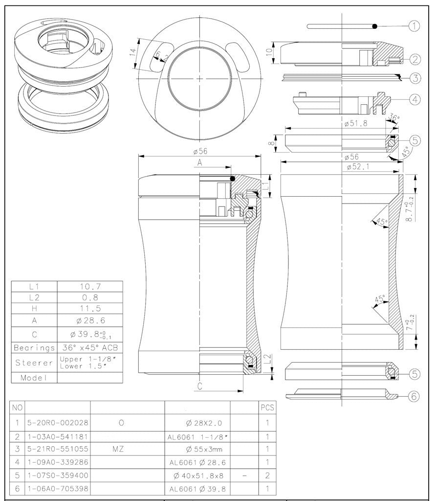 Balhoofdstel1 1 8 inch semi geintegreerd met kabel doorvoer