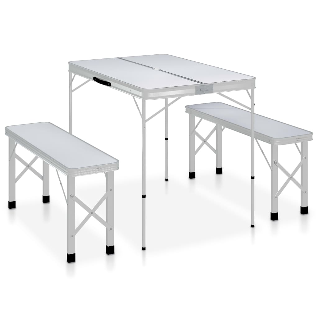 Table de camping vidaxl pliable avec 2 bancs en aluminium blanc