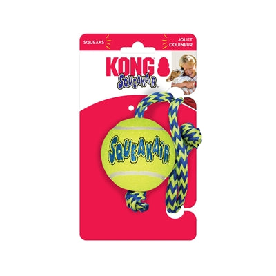 Boule de kong squeakair avec corde bleu jaune