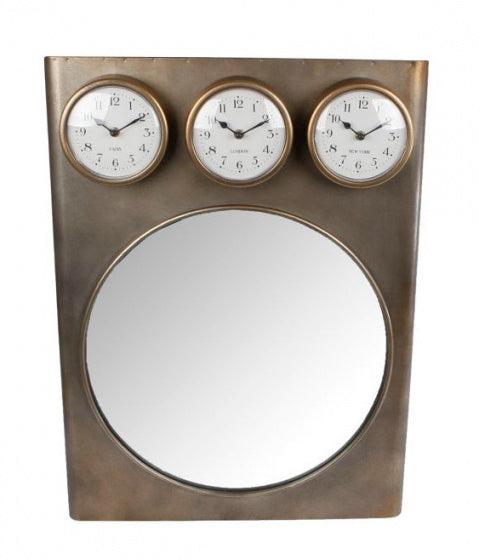 Cadeaux Amsterdam Spiegel avec horloge Tim 70 x 52 cm en acier bronze