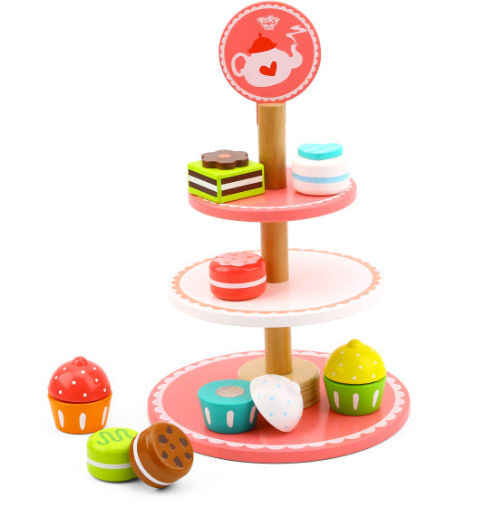 Toky jouet en bois Etagère avec pâtisserie rose blanc 12 pièces