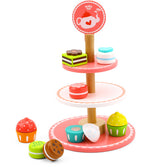 Toky jouet en bois Etagère avec pâtisserie rose blanc 12 pièces