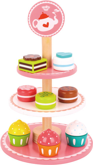 Toky jouet en bois Etagère avec pâtisserie rose blanc 12 pièces