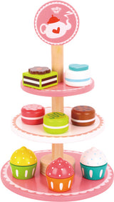 Toky jouet en bois Etagère avec pâtisserie rose blanc 12 pièces